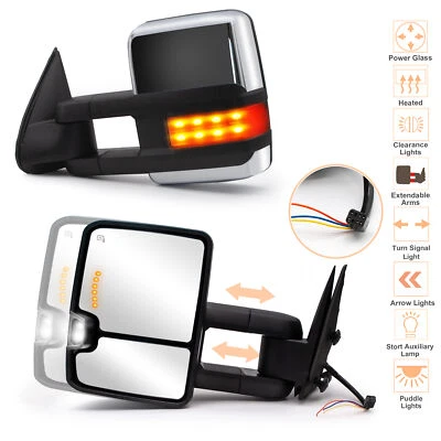 Par de espejos retrovisores de remolque luces de señal de alimentación para GMC Yukon XL 1500 2500 2001-2002 cromados Foto 1 de 4