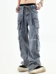 Men's Denim Jeans Blue Jeans Pockets Straight Leg Casual Pants Punk Hip Hop New - Picture 1 of 19