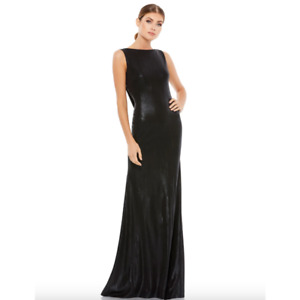 MAC DUGGAL Dress Size 12 Evening Gown Metallic Black Draped Back NEW Cowl Column
