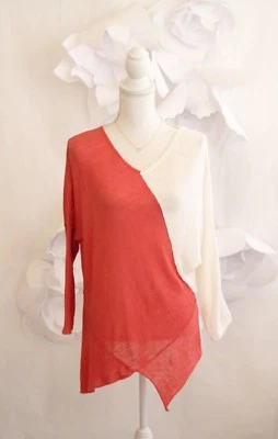 NORDSTROM 360SWEATER V-Neck Spring Sweater L Linen White Orange Asymmetric - Image 1 of 4