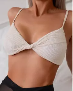 SHEIN Solid Beige Twist Texture Adjustable Straps Bikini Top Size M Brand New - Picture 1 of 5