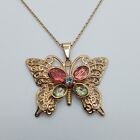 Gold Tone Pink Blue Bezel Set Rhinestone Filigree Butterfly Pendant Necklace Frz