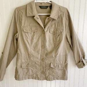 Eddie Bauer Linen Blend Size L Khaki Tan Jacket Buttons Pockets Large Casual - Picture 1 of 9