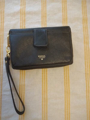 老式化石发行编号 1954 正品黑色皮革腕带钱包手拿包 — 第 1/3 张图片