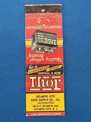 Thor Batteries Atlantic Auto Supply Atlantic City NJ VTG Matchbook Cover Lt#2126 - Image 1 of 2