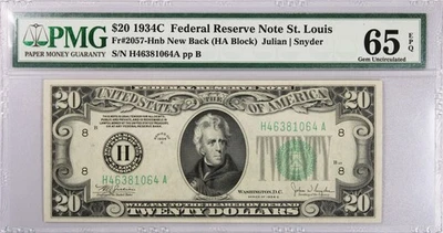 Series 1934 C $20 Small Size Note FRN St. Louis Fr#2057-Hnb PCGS Gem UNC 65 EPQ - Image 1 of 2