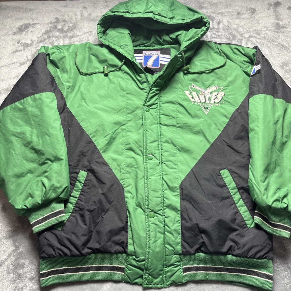Chaqueta de Colección Philadelphia Eagles NFL Puffer Años 90 Para Hombre Capucha Grande Bordada Foto 1 de 4