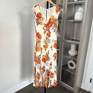 Reformation Baden V-Neck Orange Floral Midi Dress 2 Ivory Blue Print Cap Sleeve - Picture 1 of 8