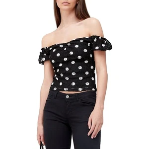Guess Black Lace Polka dot Top Black size L UK 12-14 Bardot top - Picture 1 of 15