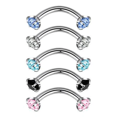 5Pc CZ Gem Eyebrow Stud Piercing Tragus Rook Curved Barbell Lip Ring Jewelry 16G - Image 1 of 4