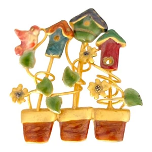 Vintage Pin Brooch Birdhouses Flowers Bird Enamel Gold Tone Retro 4I - Picture 1 of 2