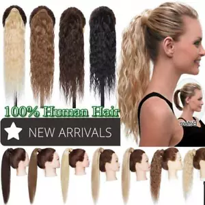 Hair Ponytail Clip In Real Remy Human Hair Extensions Wrap Around Pony Tail Wavy - Picture 1 of 22