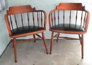 Matched Pair of Vintage 1958 Kipp Stewart Barrel Accent Wood Leather Arm Chairs - Picture 1 of 12
