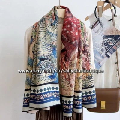 Sallys 70% Cashmere 30% Silk Wrap Scarf Deers Forest Print Double Face Shawl 53" - Image 1 of 4