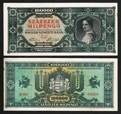 Hungary 100000 Milpengo 1946, AU / UNC, P-127, With brown spot at border - Image 1 of 3