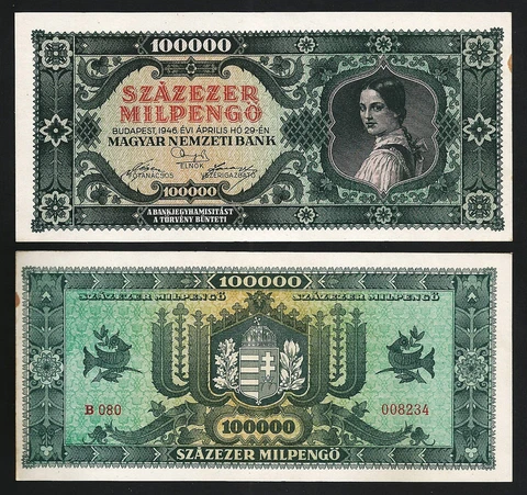 Hungary 100000 Milpengo 1946, AU / UNC, P-127, With brown spot at border Cover
