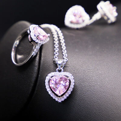Nuevo Conjunto de Corazón de Boda 3 Piezas Topacio Rosa Dije Mujeres Collar Pendiente Anillo Plata Foto 1 de 4