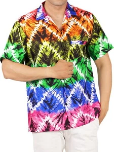 HAPPY BAY Men's Hawaiian Short Sleeve Button Down Shirts L Chevron, Multicolour - Picture 1 of 3