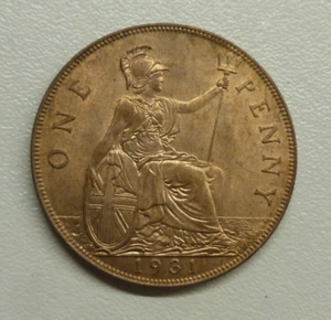 Full Lustre 1931 Uncirculated Bronze Penny 1d King George V Rare Great Britain - Picture 1 of 3