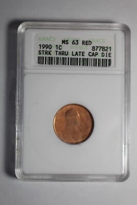 1990 Lincoln Cent Struck Thru Late Cap Die ANACS MS63 RED - Image 1 of 2