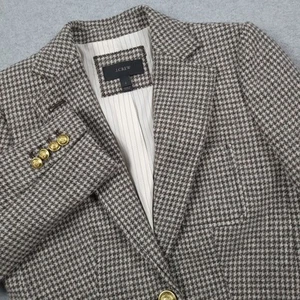 J Crew Blazer Women 2 Beige Brown Houndstooth Wool Gold Button Suit Jacket - Picture 1 of 17