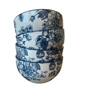 4pc Godinger English Garden Porcelain Salad Bowls 6in Blue & White Floral  - Picture 1 of 13