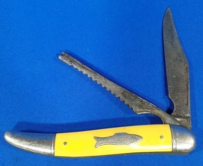 Cuchillo de pez amarillo imperial vintage de 2 hojas con logotipo de escudo de pescado Foto 1 de 4