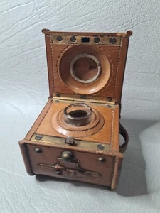Antique Satinwood Treen Inkwell In The Form Of A Trunk. Brass Push Opener ,Glass - Picture 1 of 4