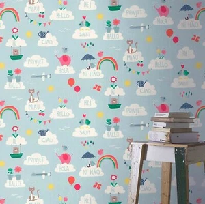 Papel pintado Rasch Hello Clouds arco iris pájaros gatos mariposa niños azul 249439 - Imagen 1 de 5