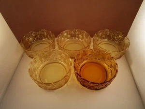 Vintage LE Smith Glass Amber Yellow Wicker Basket Set of 5 Berry Bowls - Picture 1 of 8