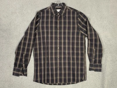 Мужская рубашка с длинным рукавом John W. Nordstrom средний размер коричневая сине-черная в полоску на пуговицах - Изображение 1 из 4