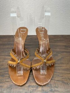 DIOR Scallop Brown Leather Women's Heels Sandals Size 36 US 6 