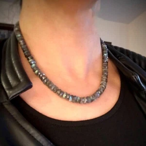 Natural Flashy Labradorite Faceted Rondelle Gemstone Bead Men Women Necklace 18" - Picture 1 of 12