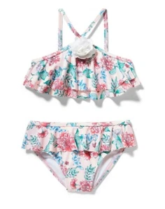 NWT JANIE AND JACK Girls  Floral  2-Piece Swimsuit Pink Green Size 4 - Picture 1 of 6
