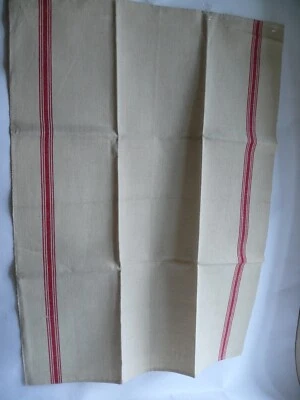 Torchon ancien en métis écru liteaux rouges et cordon d'attache  - Photo 1/4