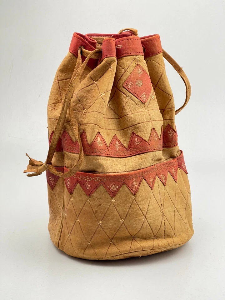 Vintage 1960's Moroccan Painted Drawstring Hand Bag Purse Hobo Leather Handbag - Image 1 of 4