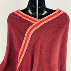 Fringed V Neck Sweater Poncho Knit Red Colorful Framed Stripe OS Acrylic Wrap