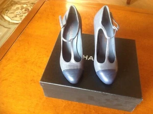 Chanel Gray/blue T-strap Pumps Sz 36 - Picture 1 of 7