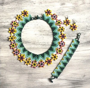 Handmade Seed Bead Floral Choker, Bracelet & Earrings Set Huichol Art - Picture 1 of 4