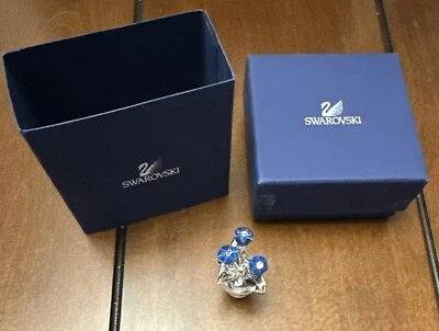 Swarovski Crystal Forget Me Not Blue Flowers w/ Silver Leaves Vase Pot 626873 - Image 1 of 4