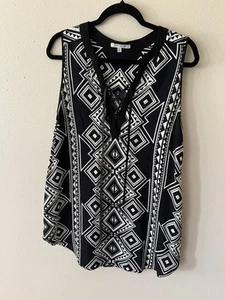 John Mark Women Semi Sheer Sleeveless Tunic Medium V-Neck With Tie Black White - Picture 1 of 4