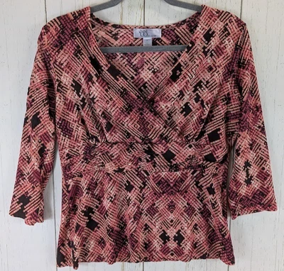 Nine Co Size Medium Pink Orange Patterned V Neck 3/4 Sleeve Womens Blouse - Image 1 of 4