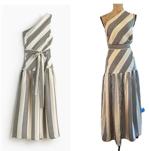NWT H&M Striped One-Shoulder Lyocell Blend Maxi Dress Wedding Party Preppy LARGE - Picture 1 of 12