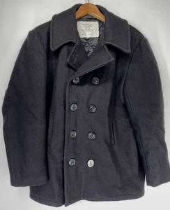 US Navy Pea Coat Mens 38R Wool Black Overcoat Enlisted Anchor Button 80s Vintage - Picture 1 of 10