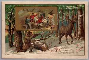 Tarjeta comercial victoriana The Woolson Spice Co's saludo de Navidad ciervo tiroteo - Imagen 1 de 2