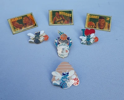 Set of 7 Vintage Charlotte Hornets Enamel Pins. Muggsy, Zo, LJ. 90's NBA. - Image 1 of 4