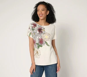 Denim & Co. 100% Algodón Jersey Manga Dolman Estampado Top-Blanco-2X A687646 NUEVO - Imagen 1 de 1