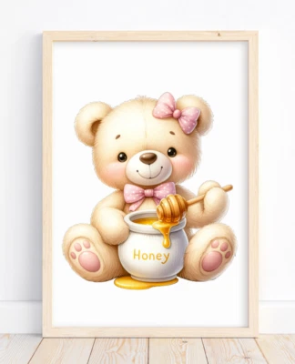 Teddy Bear Art Print, Nursery Art Print, Bear With Honey, Kids Wall Art Decor - Image 1 of 2