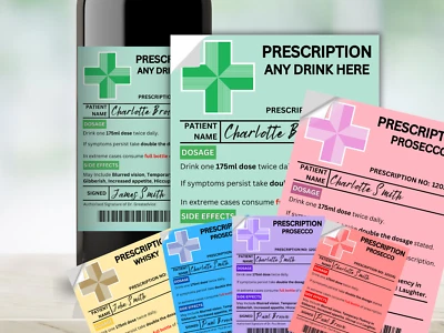PARTY Personalised Prescription Any Drink Label - Birthday, Easter, Novelty Funny Gift