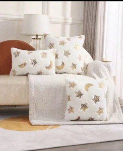 Gold Sequin Moon And Star Ivory Plush Pillow Cover  - Picture 1 of 4
